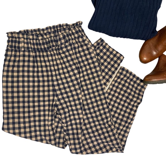 entro Pants - Paper bag checkered pant size small, navy and cream check print ankle pant